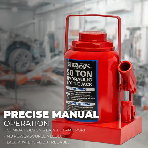 Built Tough 50 Ton Hydraulic Bottle Jack With 100000 Lb Capacity, low profile design ideal for truck and farm equipment repairs.
