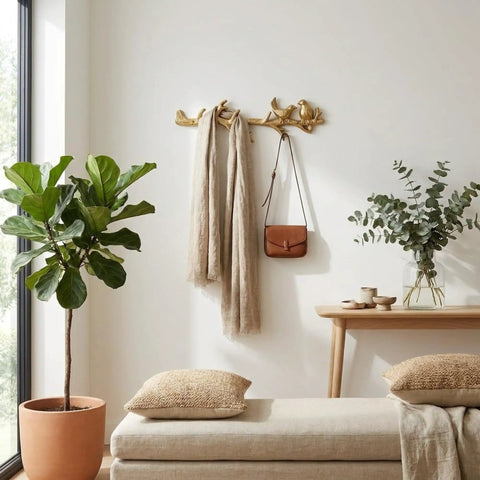 Vintage Cast Iron Bird Branch Wall Hook Dead Tough Rustic Coat Rack For Entryway Cottagecore Home Decor With Slick Gold Finish holding scarves and a bag.