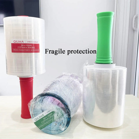 Pro Level Clear Industrial Stretch Wrap, Tough As Nails 80 Gauge Self Adhering Pallet Film For A Tight Lockdown Fit During Moving Or Long Term Storage, 5 Inch Rolls 1000 Feet, Four Pack With Snug Carry Handle on display.