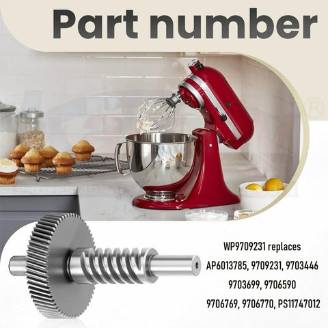 Whirlpool WP9709231 Mixer Gear Replacement Kit With 9703445 Worm Gear, KitchenAid mixer setup & components in kitchen setting.