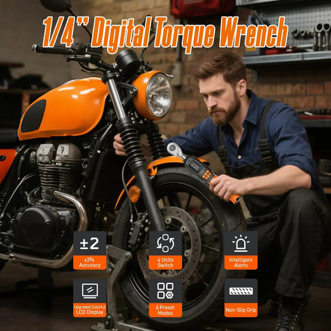 Man using Digital Torque Wrench With LCD Display And Buzzer 0.44 To 8.8 Ft Lb Or 0.6 To 12 Nm on motorcycle wheel in garage