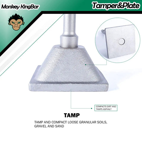 Close-up of 17 Inch Jack Hammer Bit Tamper Shank And Plate for compacting loose soil, gravel, and sand with hex shank.