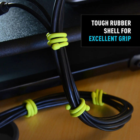 6 Inch Reusable Gear Ties Black 12 Pack Slick Rubber Coated Cord Organizers Electric Cable Management Clamps securing bundled black cables.