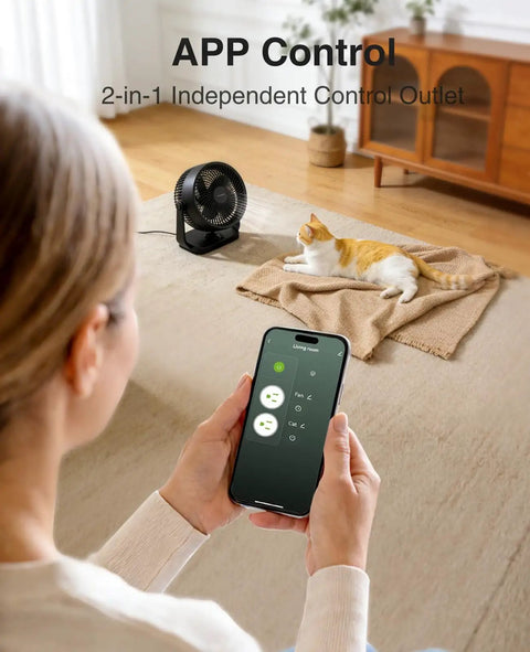 Person using phone app to control Dual Smart Plug 15A That Works With Alexa And Google Home, 2 in 1 compact smart outlet