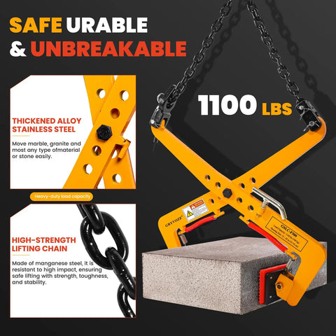 Heavy Duty Granite Slab Lifter 1100 Lb Capacity Rock Solid Adjustable Stone Clamp with wide jaw on concrete slab.