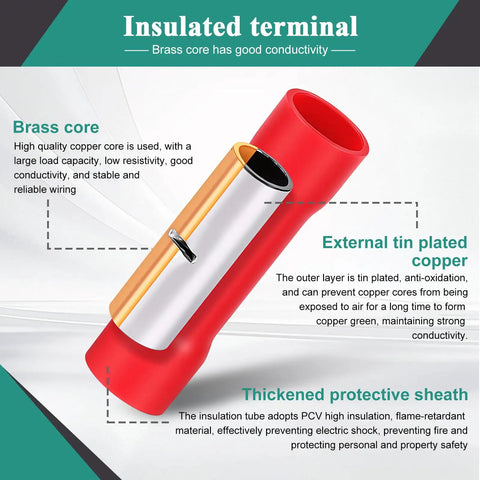 Rugged No Sweat 1740 Piece Heat Shrink Wire Connector Kit With Smooth Crimping Tool For AWG 22 To 10 Electrical Wiring insulated terminal showcasing brass core and protective sheath.