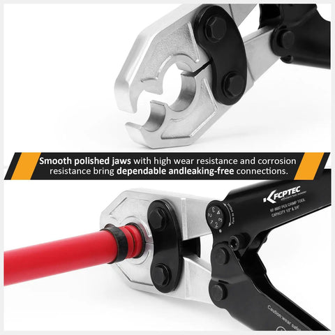 PEX Crimping Tool For One Half And Three Quarter Inch Copper Rings With Go No Go Gauge Meets ASTM F1807 Standard Durable Chrome Plated Jaw Plumbing Tool For Installations And Repairs, showing polished jaws and handle.