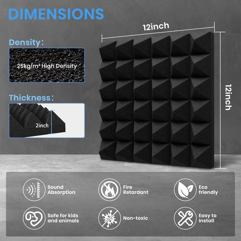 52 Pack Pyramid Acoustic Foam Panels 12X12X2 Inch Heavy Duty Sound Dampening Wall Tiles dimensions showing 2 inch thickness and 25kg/m3 density.