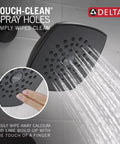 Modern Matte Black Tub and Shower Trim Kit With Single-Spray Touch-Clean Shower Head in use, water flowing, matte black finish.