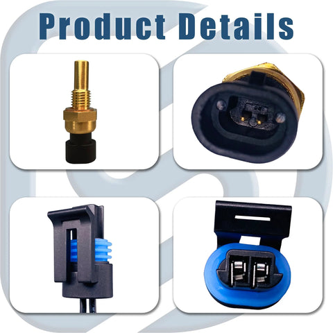 Engine coolant temperature sensor with pigtail; brass body and blue harness connectors in a four-view collage.