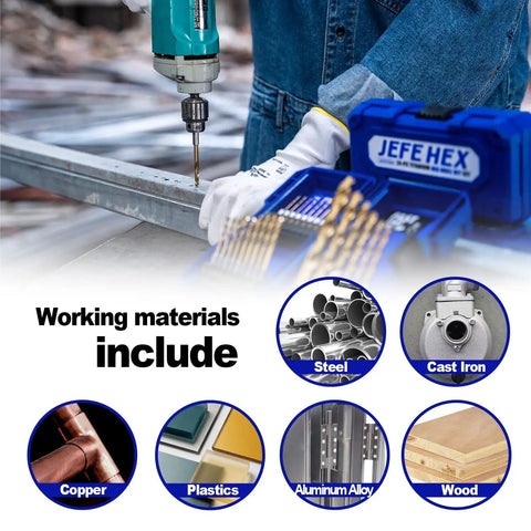 Drilling with 24 Piece Hex Shank Drill Bit Set For Impact Driver Titanium Coated HSS Bits on metalwork materials.