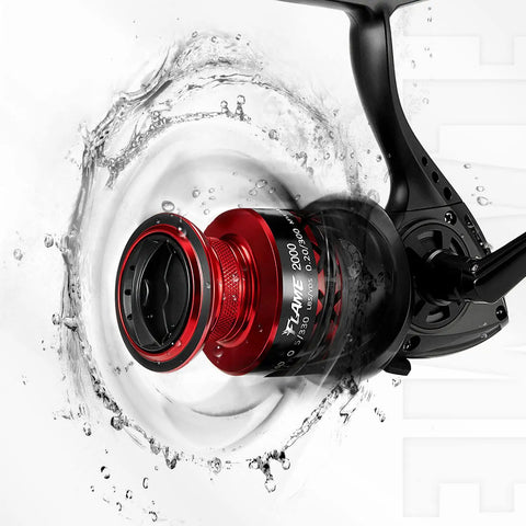 Flame Spinning Reels Ultra Lightweight And Smooth Drag Up To 19.8 Pounds Graphite Body Black And Red 2000 Series in water splash