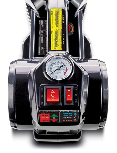 Heavy Duty Electric Floor Jack And Quick Fill Tire Inflator Pump Combo control panel with pressure gauge and switches.