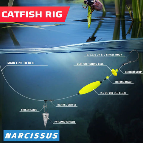 Catfish Rig Set With 6 Pre Tied Rigs 2 Sinker Sliders And 2 Ounce Pyramid Sinkers Circle Hooks Size 6 Zero Santee Rig underwater view