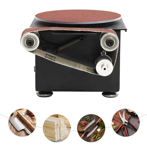 Mini Belt Disc Sander With Spindle Sander, 3 In One Mini Bench Grinder Machine For Metal Wood Stone Grinding, front view showing sandpaper and motor components.