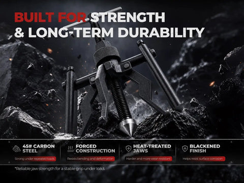 Heavy Duty 3 Jaw Internal Bearing Puller Crafted For Blind And Pilot Bearings That Expands Securely Behind Stubborn Parts For Quick Extraction From Transmission And Differential Cases Without Breaking A Sweat on dark textured background.