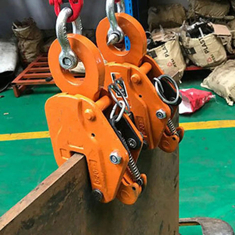Rock Solid Vertical Steel Plate Clamp 10 Ton Heavy Duty Alloy Steel Lifting Tongs gripping a steel plate in industrial setting.