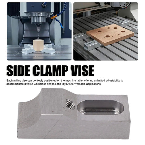 Low profile side clamp vise made from aluminum, suitable for CNC workholding. Perfect for tight grip on milling machine setups.