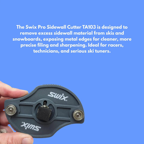 Hand holding the Pro Sidewall Cutter TA103 for ski and snowboard tuning with round and square blades, exposing metal edges.