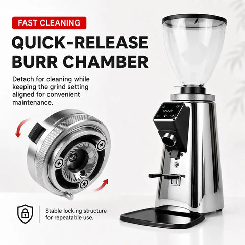 Top Tier Commercial Espresso Grinder Featuring 64Mm Stainless Steel Flat Burrs Timed Dosing Button bright digital display with quick-release burr chamber for easy maintenance.