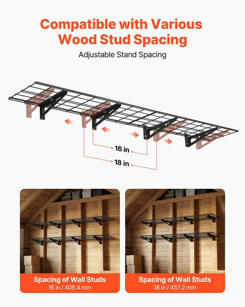 Diagram of 2-Pack Heavy Duty Garage Wall Shelving Units, 6-Foot Long Steel Wall Mounted Shelves compatible with 16 and 18 inch stud spacing