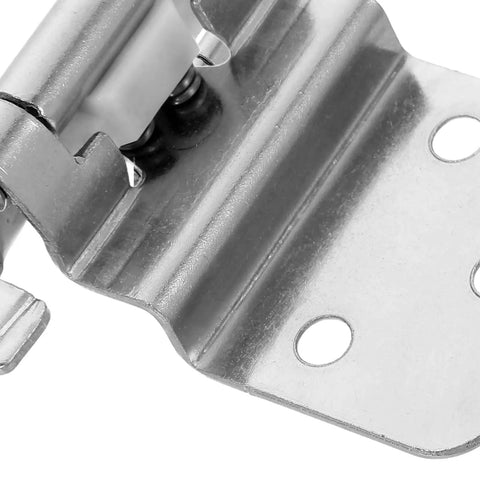 Close-up of Eight Pack Three Eighths Inch Flush Mount Kitchen Cabinet Hinges Self Closing, showcasing white nickel finish