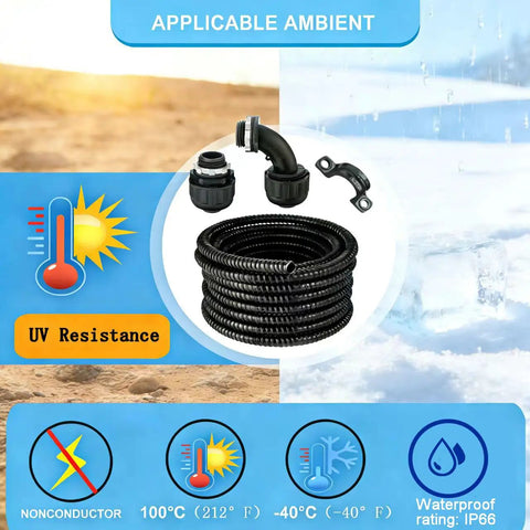 Black Flex Liquid Tight Non Metallic Electrical Conduit Kit Half Inch 50 Feet With Five Couplings Three Elbows And Ten Straps