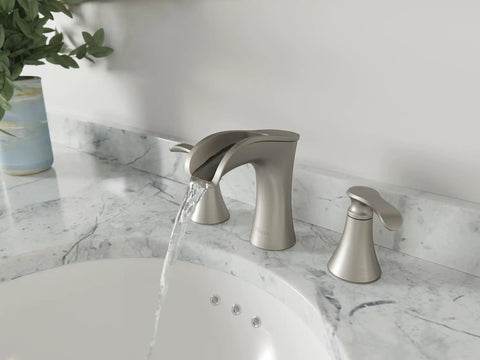 Jaida 8 Inch Widespread Bathroom Sink Faucet With Two Handles For 3 Hole Vanity Spot Defense Brushed Nickel Finish in use