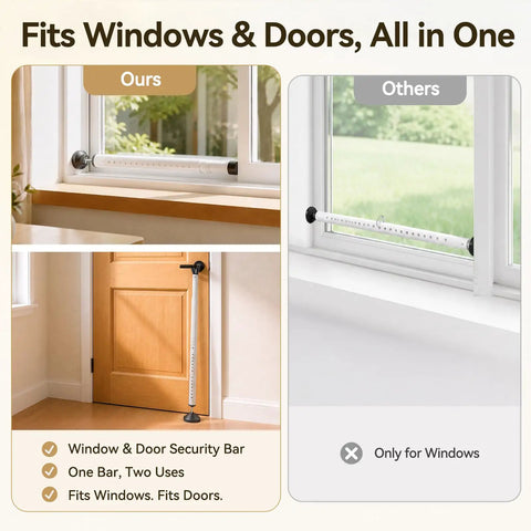 2-In-1 Door And Window Security Bar Locks It Down With Anti-Theft Blocker For Sliding Glass Patio Doors Plus Windows, adjustable safety bar for both windows and doors.