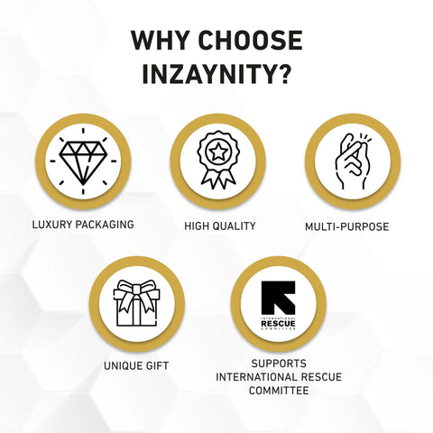 Graphic with icons showing luxury packaging, high quality, multi-purpose, unique gift, and supporting rescue committee
