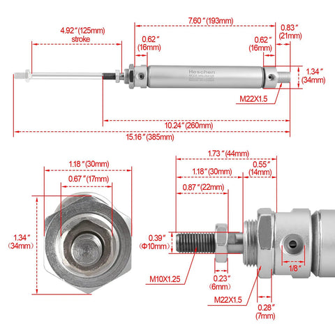 Slim Pneumatic Air Cylinder MAL 25-125 with dimensions and detailed measurements for industrial automation