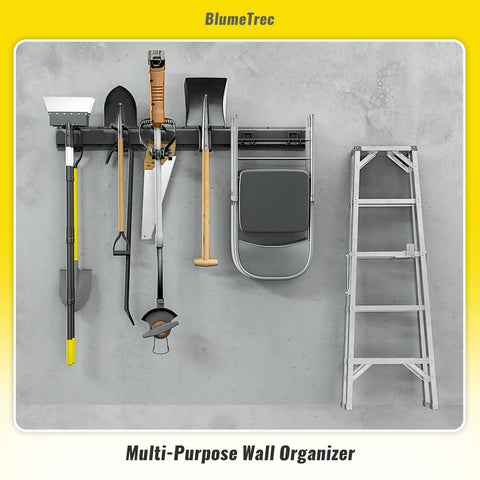 Heavy Duty Wall Mounted Tool Organizer For Garage, 48 Inch Metal Rack with tools and ladder displayed hanging on the wall