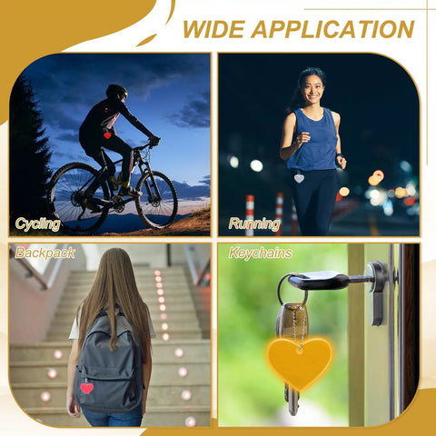 Cyclist with Go-To Pink Heart Shaped Reflector Keychain Set, running woman, student with backpack, and a keychain with heart reflector.