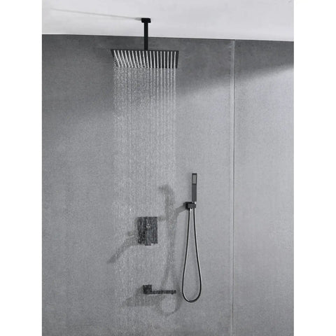 Shower System 16 Inch Square Bathroom Rain Mixer Shower Combo Set with matte black finish and rainfall shower head.