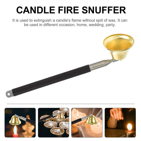 The Real Deal Copper Telescopic Bell Candle Fire Extinguisher With Hella Compact Retractable Design For Quick Flame Control And Solid Home Safety Shield Plus A Tight Little Knockout Gift For Any Kitchen Or Altar Setup, showing a candle fire snuffer with brass bell.