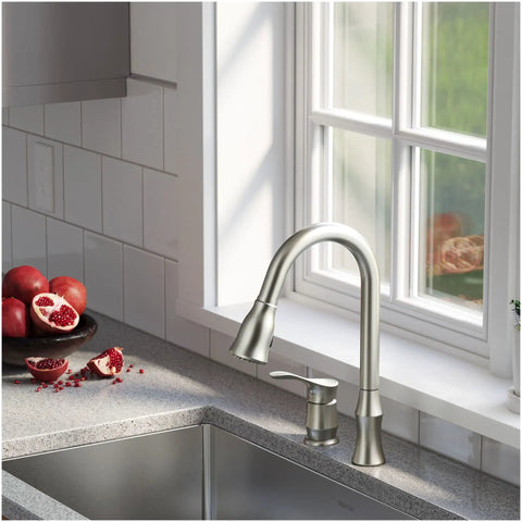 Hillwood Single Handle Two Hole Kitchen Faucet With Pull Down Sprayer Chrome Finish above sink and counter with pomegranates by window.