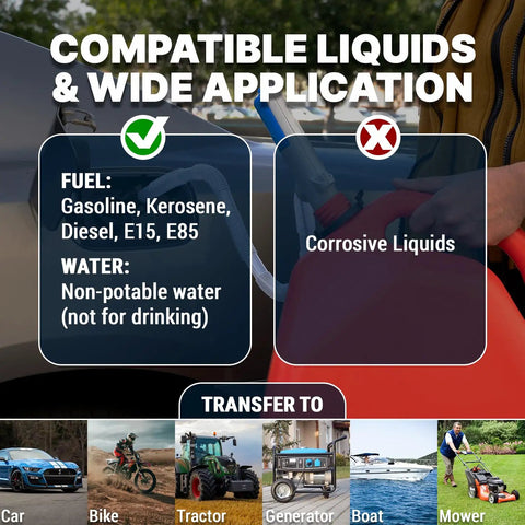 Automatic Portable Battery Operated Fuel Transfer Pump with Auto Stop Sensor and Nozzle Clip use applications, compatible fuels chart