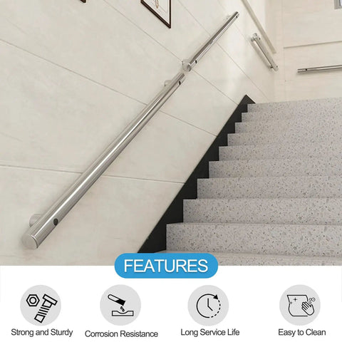 Rock Solid Wall Mounted Stair Railing In Rust Proof Stainless Steel For Indoor And Outdoor Safety Handrail on modern stairs.