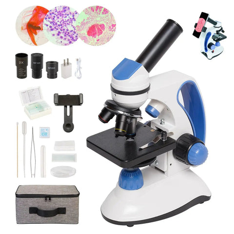 Kids Microscope Kit With 40X To 2000X Magnification, 3 Eyepieces, LED Illumination, Slides, Phone Adapter, STEM Set Components