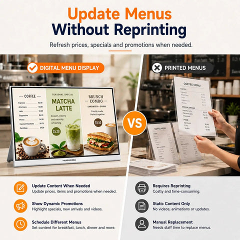No Sweat 23.8 Inch Countertop Digital Signage Display With Crisp IPS Panel And Smooth Cloud CMS Sync For Menus Or Storefront Updates, side-by-side comparison of digital and printed menus.