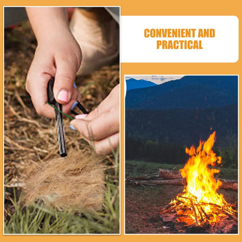 Hands using Six Pack Natural Jute Fire Starters With Hemp Fiber For Easy Campfire Ignition, Camping And Survival Gear by a lit campfire.