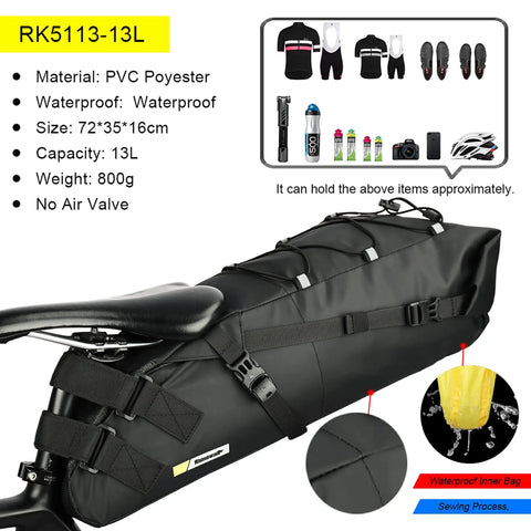 Waterproof Bike Saddle Bag With Expandable 10L And 13L Capacity Under Seat Pouch showing size and material details.