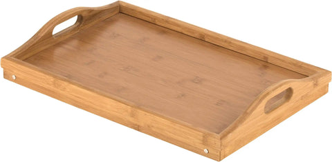 Premium Bamboo Bed Tray With Smart Foldable Legs And Secure Carry Handles, smooth surface, 18x12 inches, ideal for breakfast in bed.
