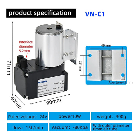 Awesome Vn-C1 12V 24V Electric Diaphragm Vacuum Pump for Negative Pressure Applications specifications, dimensions, and labels