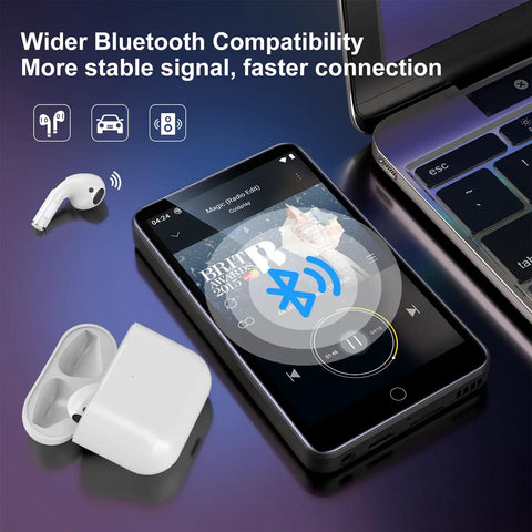 All In One Bluetooth WiFi MP3 Player With Android OS 4 Inch Touch Screen 80GB Storage next to laptop and earphones