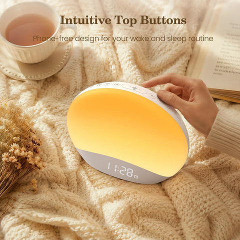 Rock Solid Sound Machine Paired With Sunrise Alarm Clock And Soothing Night Light For Chill Bedroom Upgrades Deep Sleep Cycles And Smooth Morning Wake Ups on cozy blanket.