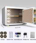 Open white 0.77 Cu Ft Digital Steel Home Safe With LED Keypad, Alarm, Fireproof Lockbox showing interior and accessories