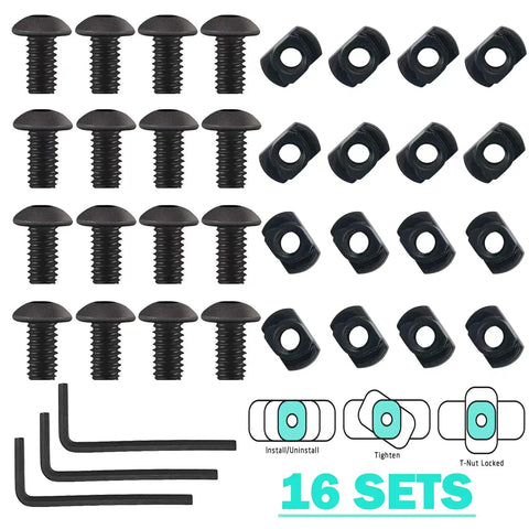 16 Piece M5 T Nut Metric Camming Screw Kit With Dead Nuts Secure Thread Locking Bolts For Standard Rail Systems, stainless steel.