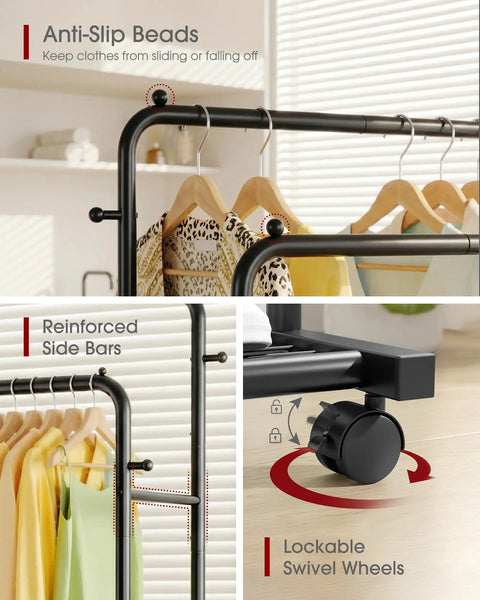 Bulletproof Double Rod Clothes Rack With Wire Mesh Shelves And Storage Hooks Top Tier Steel Garment Stand supports anti-slip beads and swivel wheels.