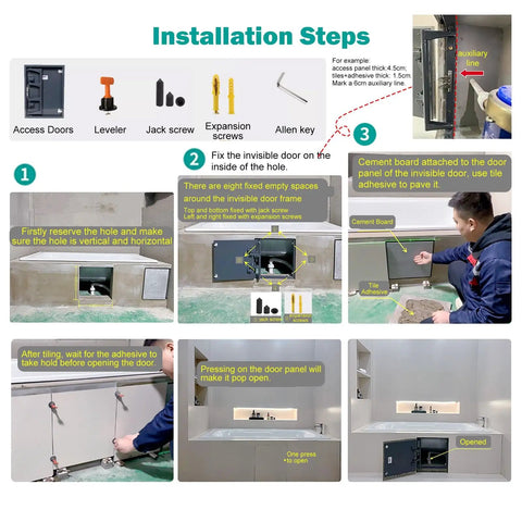 No Sweat Push To Open Drywall Access Panel Kit With Solid Steel Frame Waterproof Seamless Utility Cover installation steps guide.